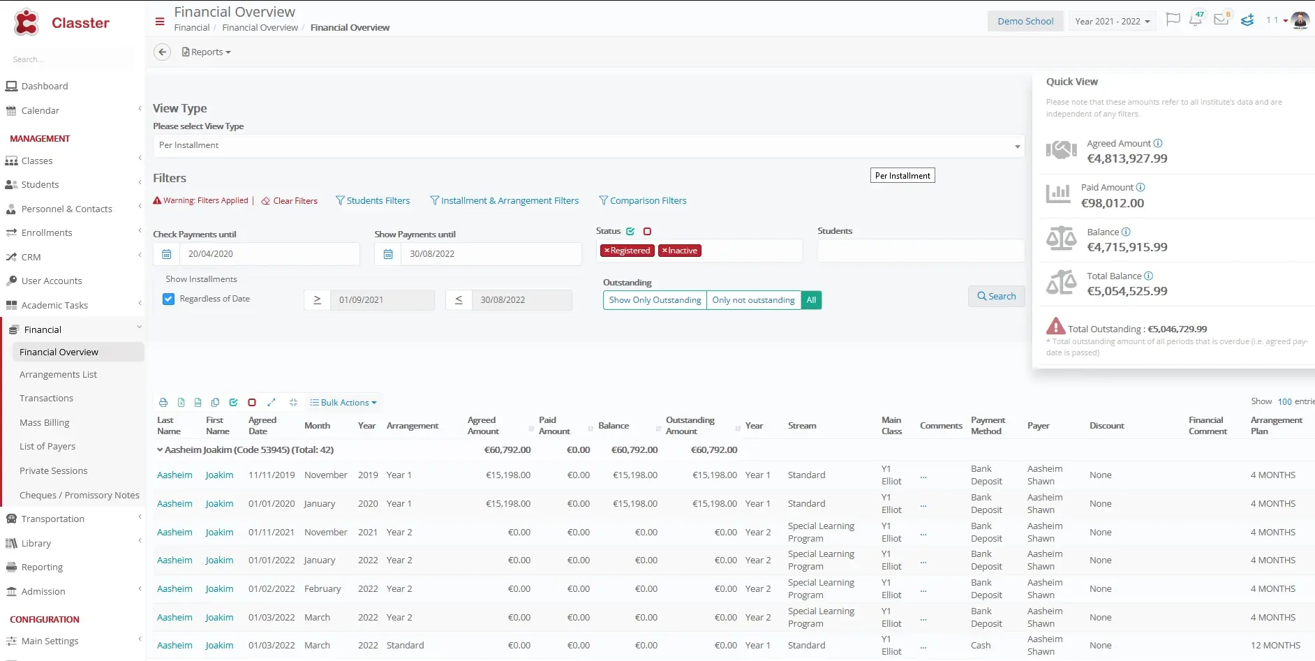 Classter Student Information System Financial Billing and Payments Module